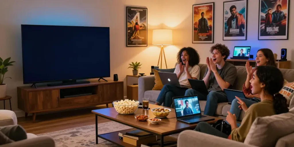 Friends enjoying idlix movie streaming in a cozy living room.